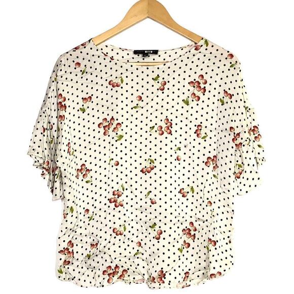Slate and Willow Top Cherry Print Short Sleeve Silk Blend Off White M - Picture 2 of 7